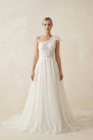 One Shoulder A Line Tulle Sleeveless Zipper Lace Wedding Dresses with Shawl– Wedding Dresses by KissProm | Available at KissProm