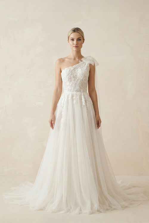 One Shoulder A Line Tulle Sleeveless Zipper Lace Wedding Dresses with Shawl– Wedding Dresses by KissProm | Available at KissProm