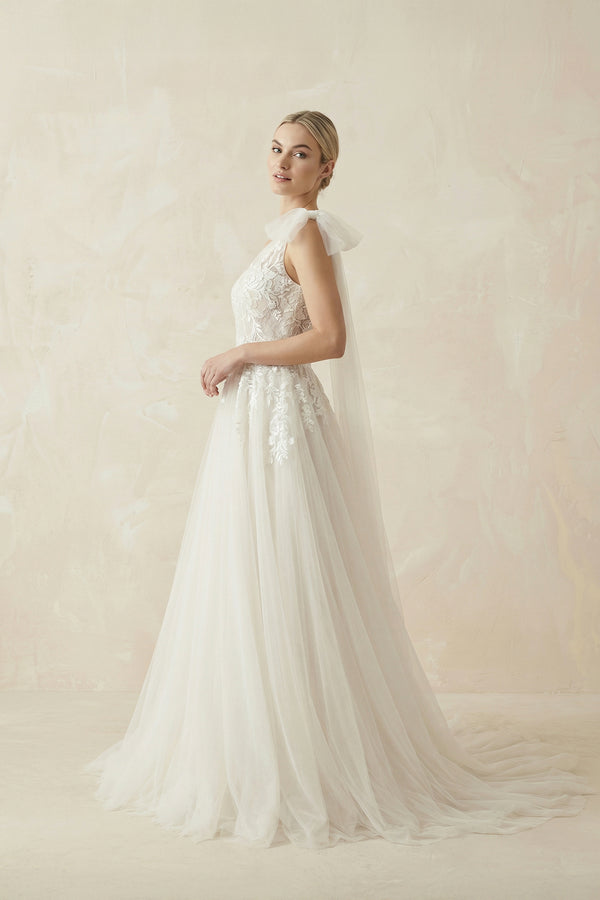 One Shoulder A Line Tulle Sleeveless Zipper Lace Wedding Dresses with Shawl– Wedding Dresses by KissProm | Available at KissProm