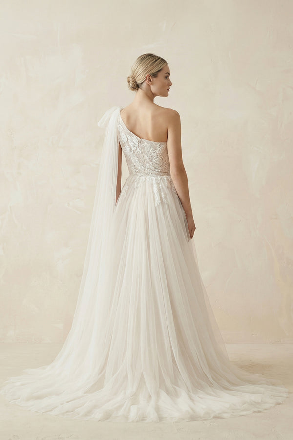 One Shoulder A Line Tulle Sleeveless Zipper Lace Wedding Dresses with Shawl– Wedding Dresses by KissProm | Available at KissProm