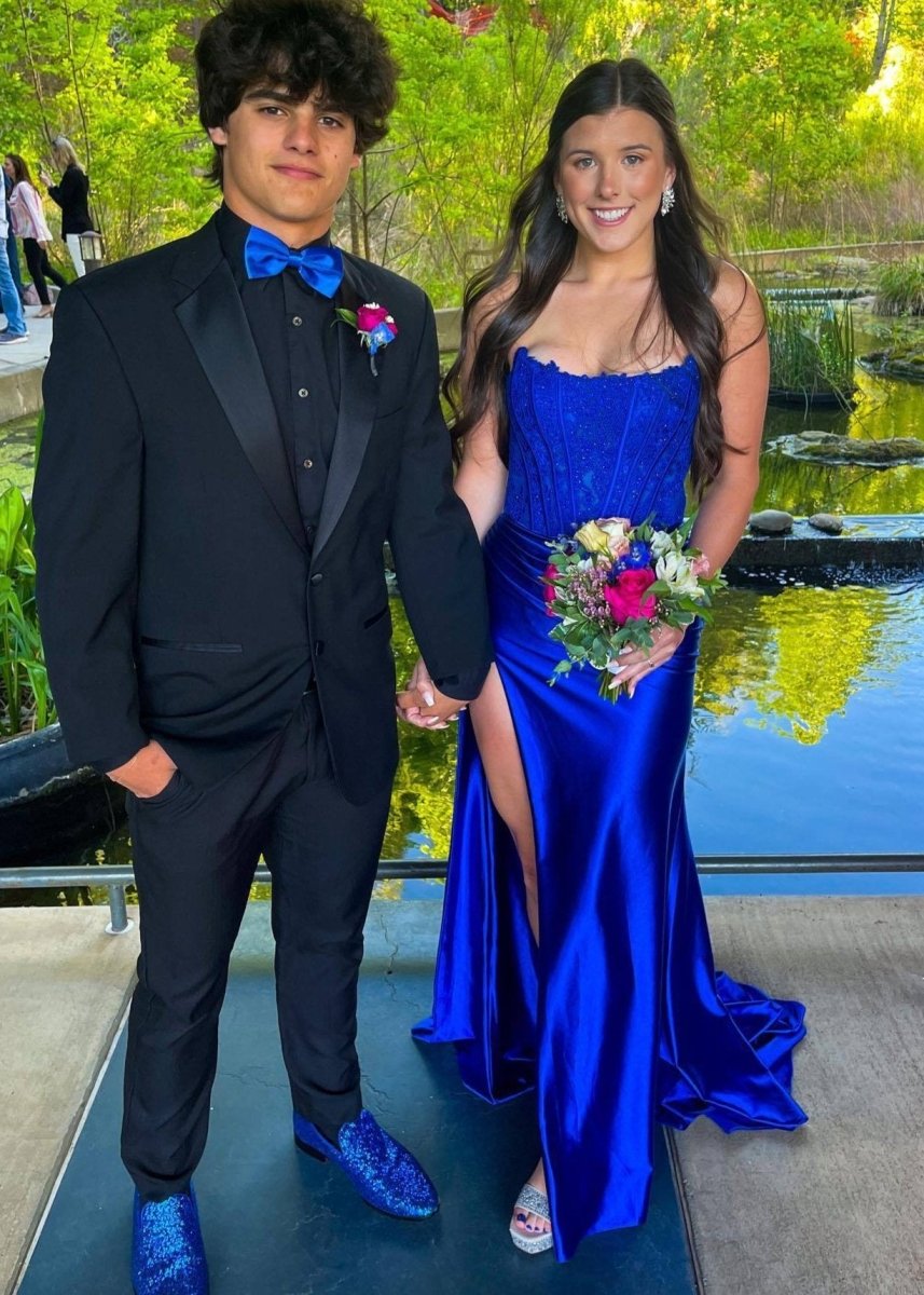 Sheath Strapless Corset Satin Prom Dress with Slit, Royal Blue / 00