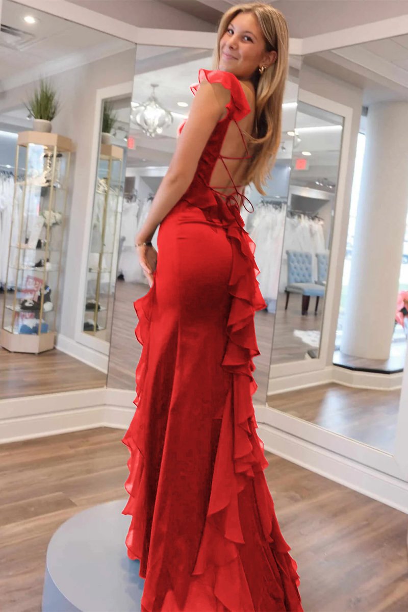 Ailani | Emerald Green Square Neck Ruffle Slit Prom Dress