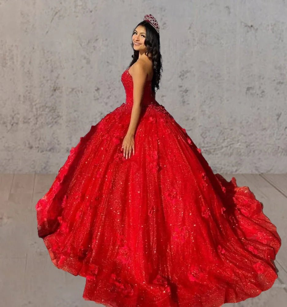 Red 3D Flowers Glitter Sequins Sleeveless Quinceanera Dresses