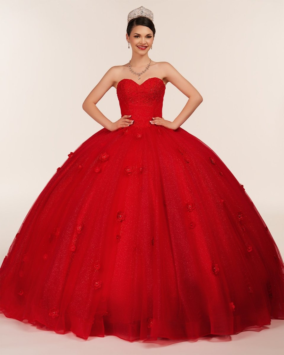 Red 3D Flowers Glitter Sequins Sleeveless Quinceanera Dresses