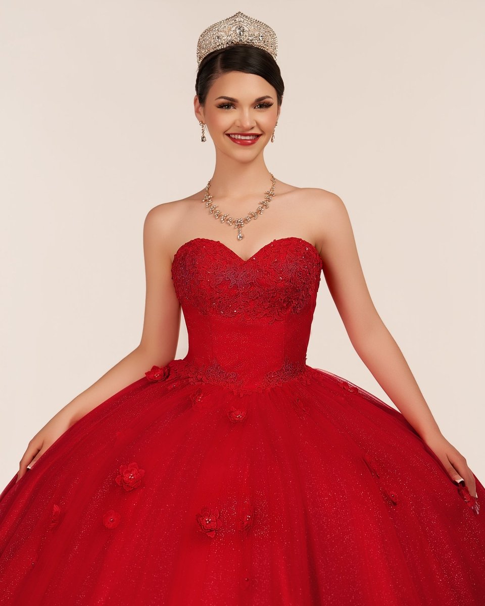 Red 3D Flowers Glitter Sequins Sleeveless Quinceanera Dresses