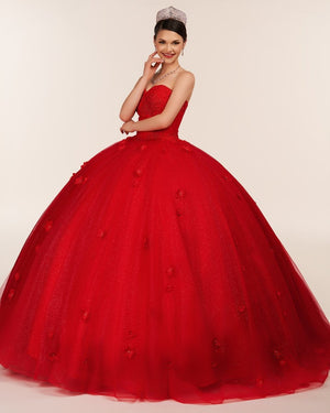 Red 3D Flowers Glitter Sequins Sleeveless Quinceanera Dresses
