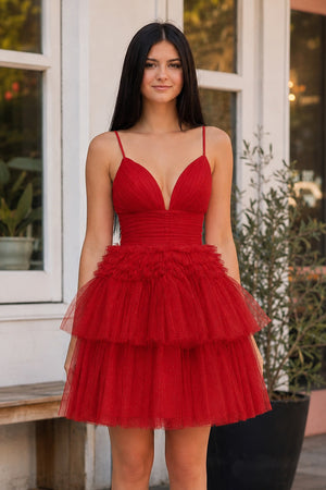 Layla | A-Line Deep V Neck Tiered Short Homecoming Dress