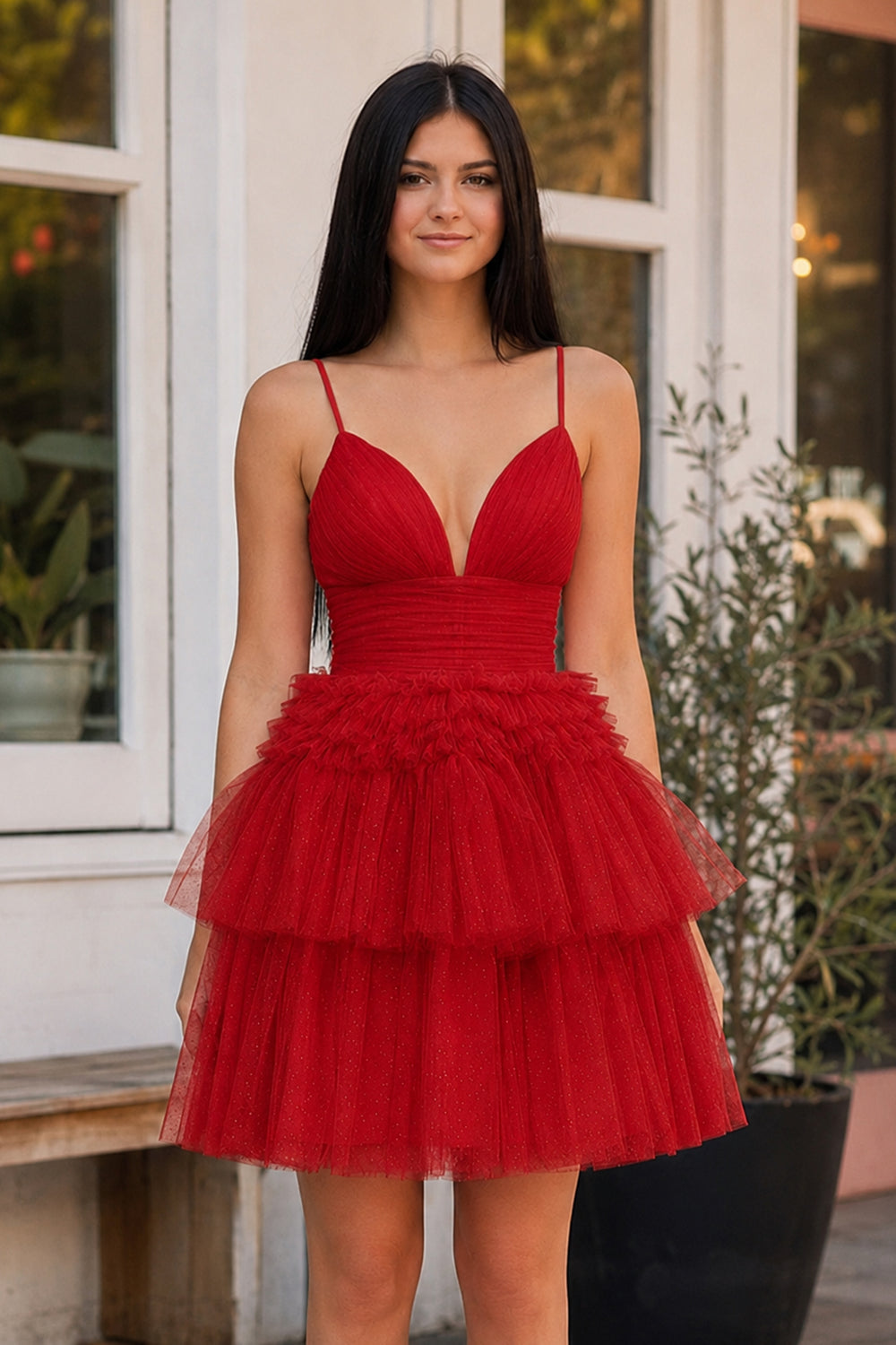 Layla | A-Line Deep V Neck Tiered Short Homecoming Dress