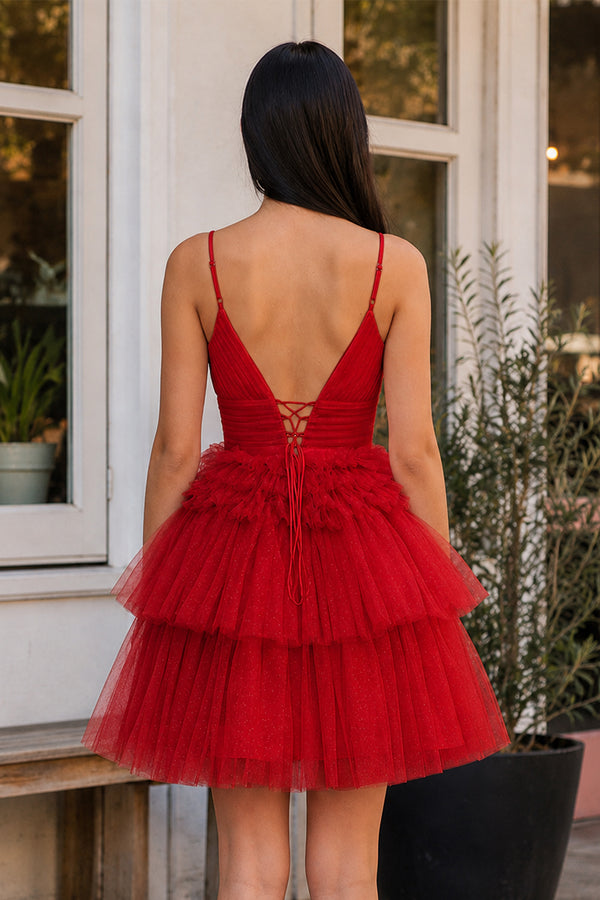 Layla | A-Line Deep V Neck Tiered Short Homecoming Dress