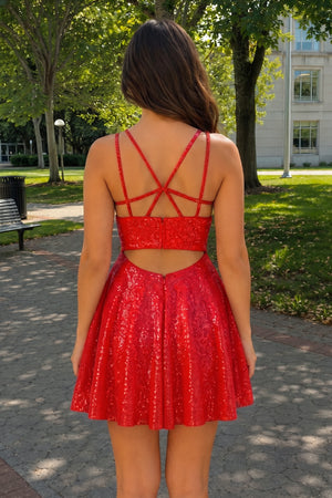 Red A-Line Double Straps Sequins Homecoming Dress (2) | KISSPROM