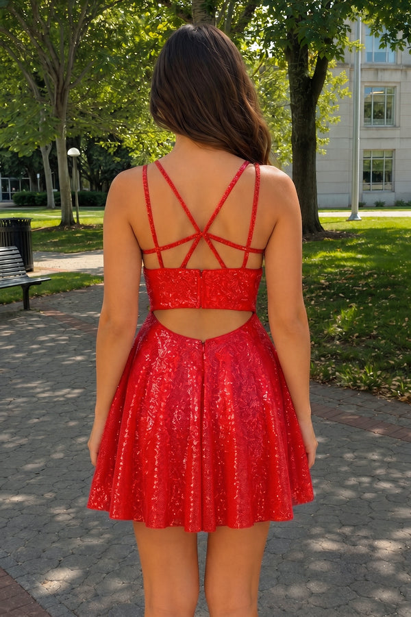 Red A-Line Double Straps Sequins Homecoming Dress (2) | KISSPROM