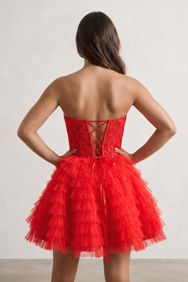 Red A-Line Ruffled Strapless Corset Short Homecoming Dress | KISSPROM