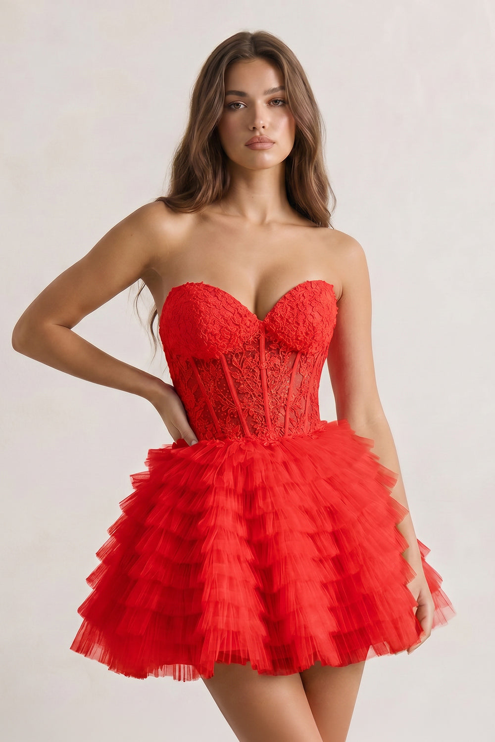Red A-Line Ruffled Strapless Corset Short Homecoming Dress | KISSPROM