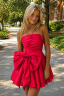Red A-Line Strapless Pleated Homecoming Dress with Bow | KISSPROM
