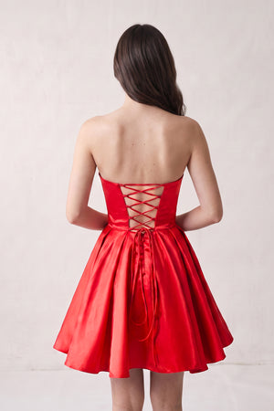 Red A Line Strapless Satin Homecoming Dress (2) | KISSPROM