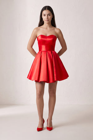 Red A Line Strapless Satin Homecoming Dress (3) | KISSPROM