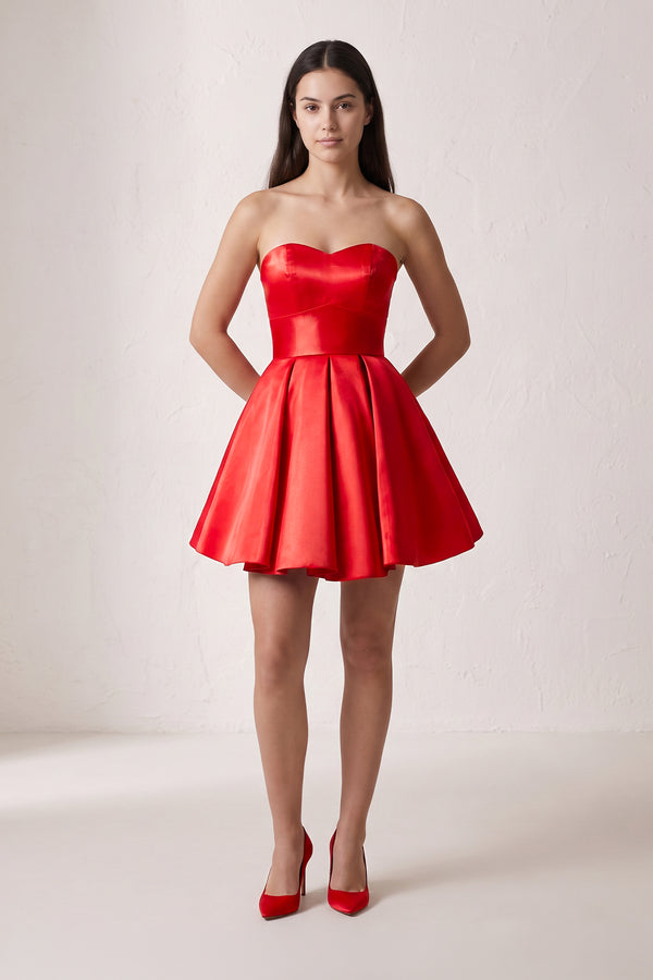 Red A Line Strapless Satin Homecoming Dress (3) | KISSPROM