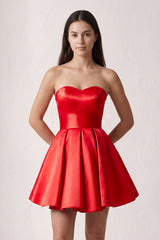 Red A Line Strapless Satin Homecoming Dress | KISSPROM