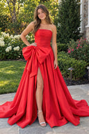 Red A-line Strapless Taffeta Long Prom Dress With Slit | KISSPROM