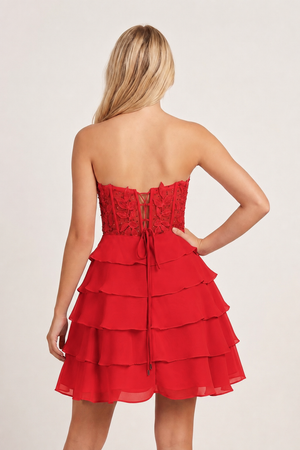 Red A-Line Strapless Tiered Corset Short Homecoming Dress with Appliques - KISSPROM