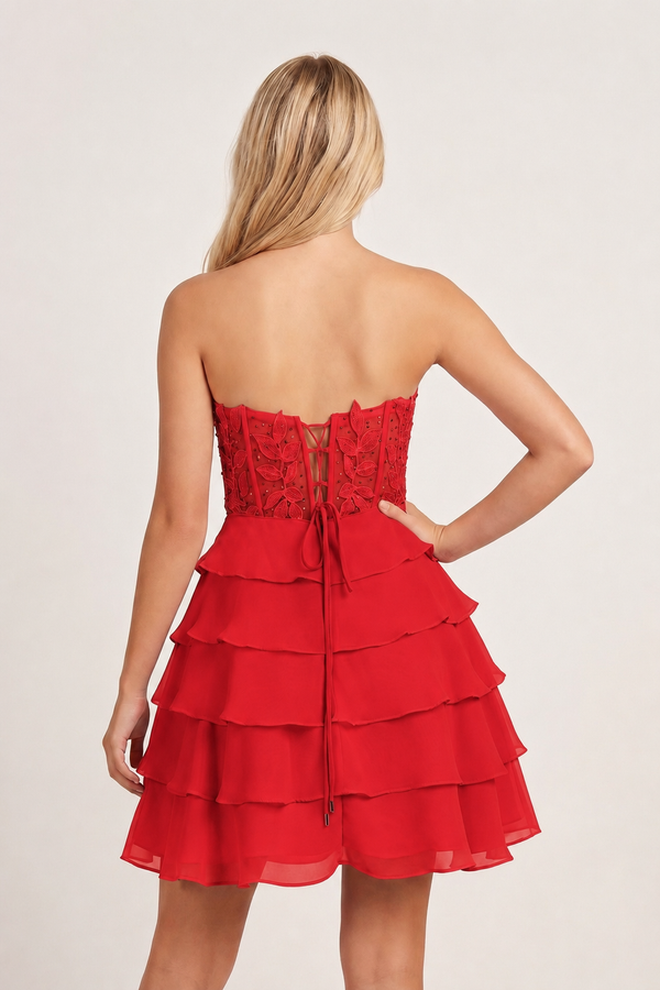 Red A-Line Strapless Tiered Corset Short Homecoming Dress with Appliques - KISSPROM