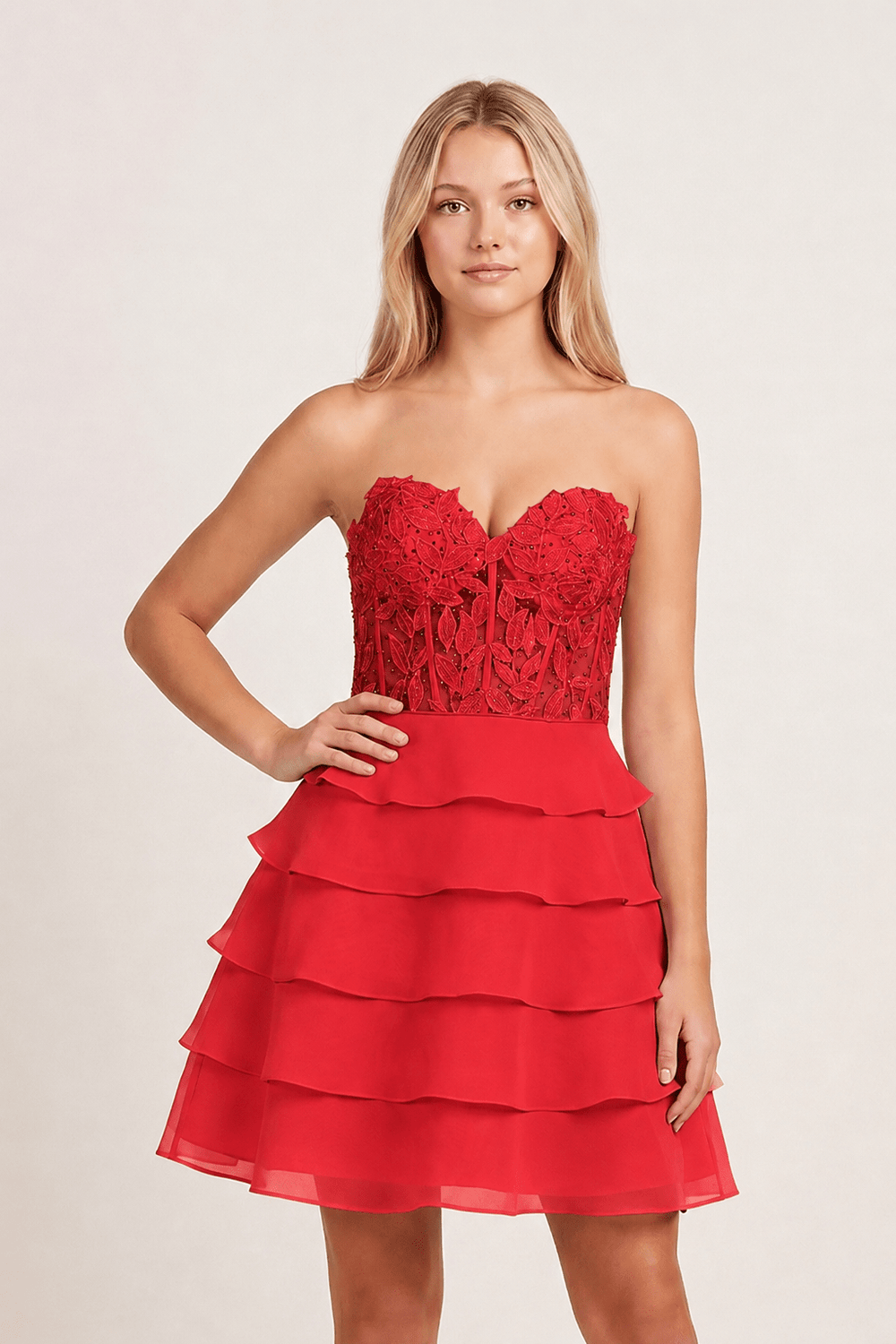 Red A-Line Strapless Tiered Corset Short Homecoming Dress with Appliques - KISSPROM