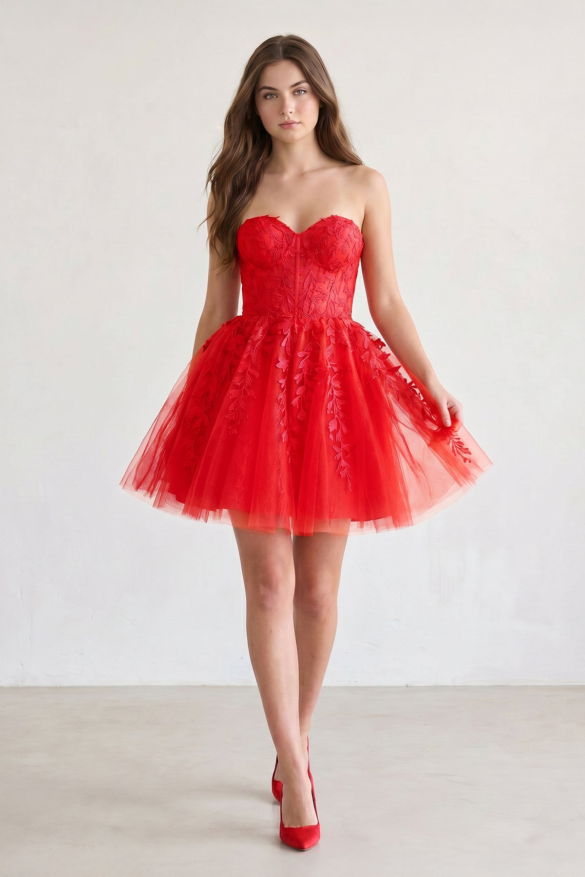 KissProm A-line Red Sweetheart Appliques Lace Homecoming Dress With Corset Back, Red / 00