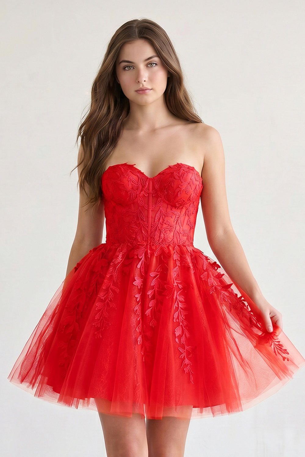 Red A-line Sweetheart Appliques Lace Homecoming Dress With Corset Back | KISSPROM