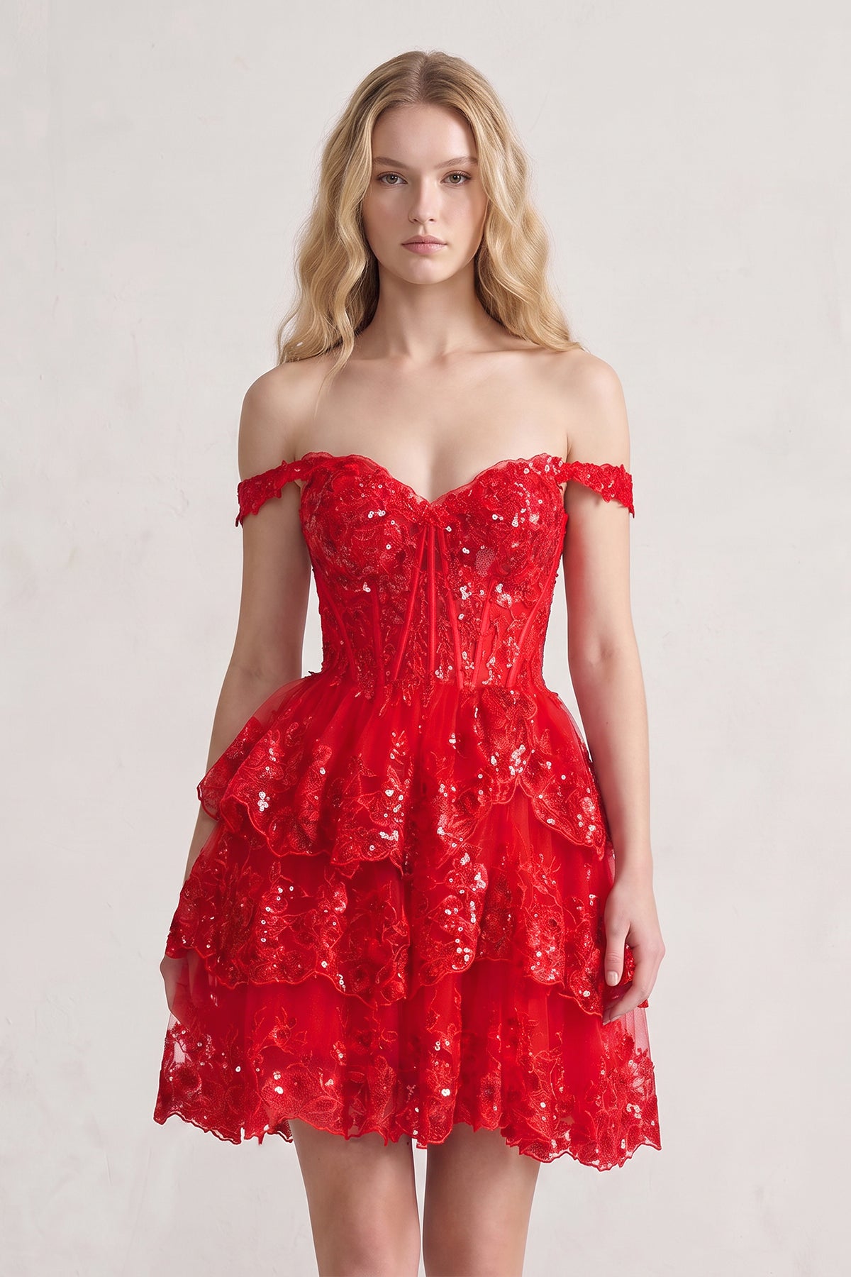 KissProm Navy Blue A-Line Sweetheart Tiered Short Homecoming Dresses, Red / 12