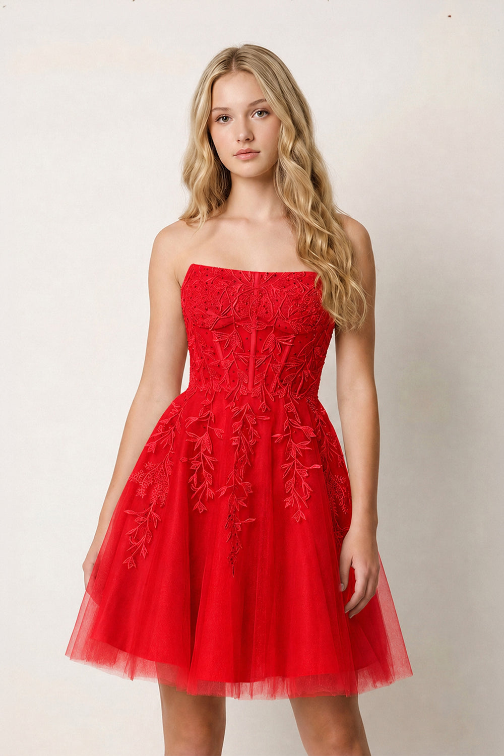 Red A-Line Tulle Lace Homecoming Dress with Appliques | KISSPROM
