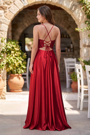 Red A-Line V-Neck Satin Prom Dress with Slit (2) | KISSPROM