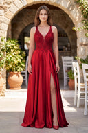 Red A-Line V-Neck Satin Prom Dress with Slit | KISSPROM