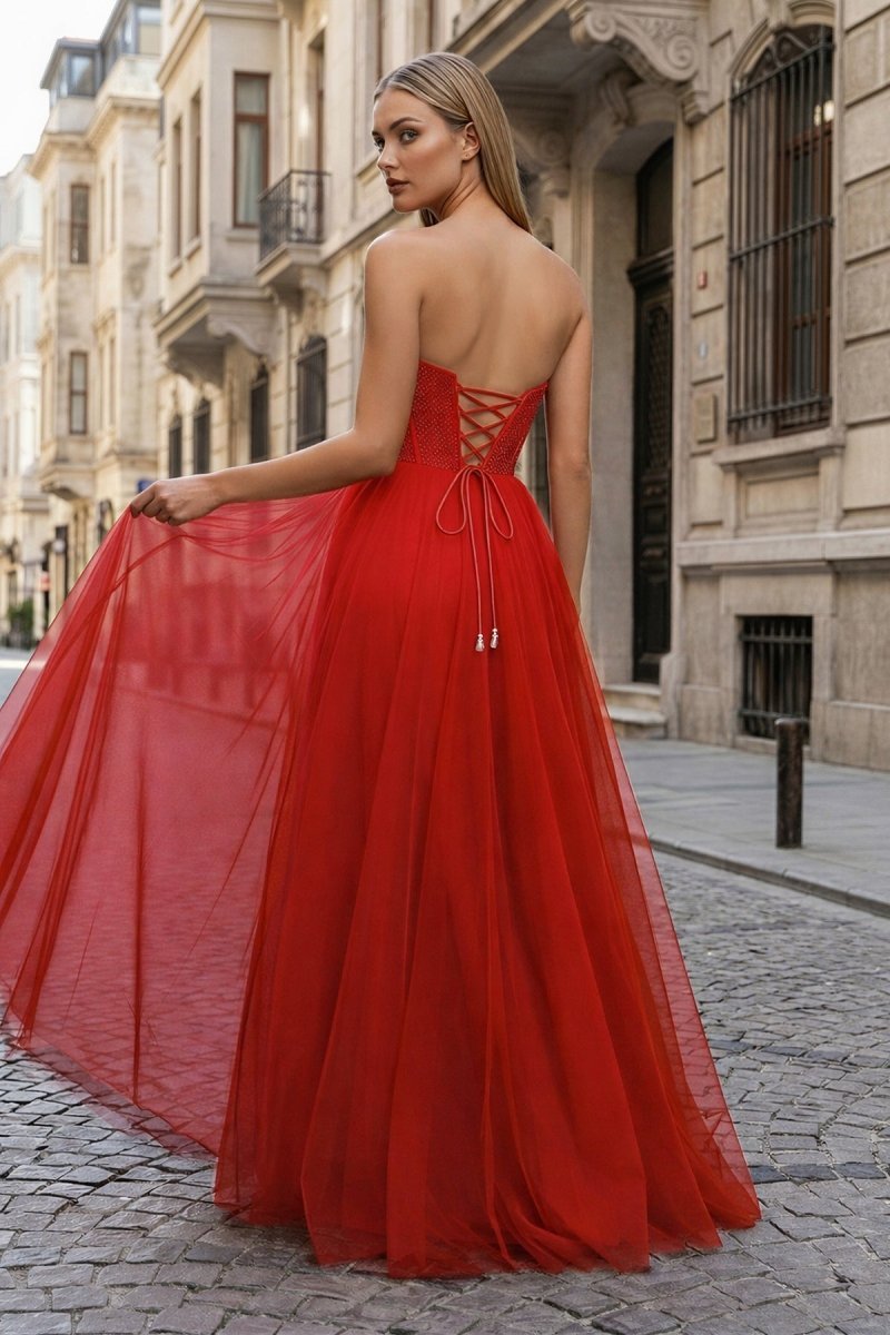 KissProm A-Line Sweetheart Beads Empire-Waist Sleeveless Prom Dress With Slit, Red / 18