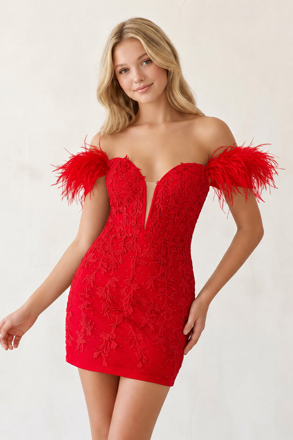Red Tight Appliques Plunge V-Neck Lace Short Homecoming Dress with Feathers - KissProm