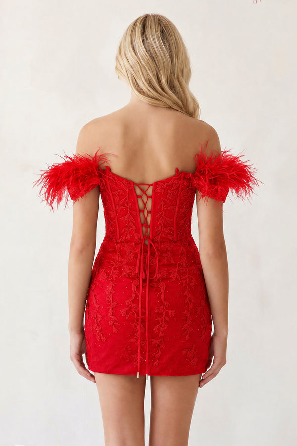 Red Tight Appliques Plunge V-Neck Lace Short Homecoming Dress with Feathers - KissProm