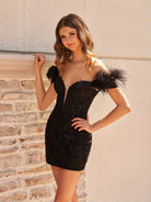 Kama | Black Tight Appliques Plunge V-Neck Lace Short Homecoming Dress with Feathers