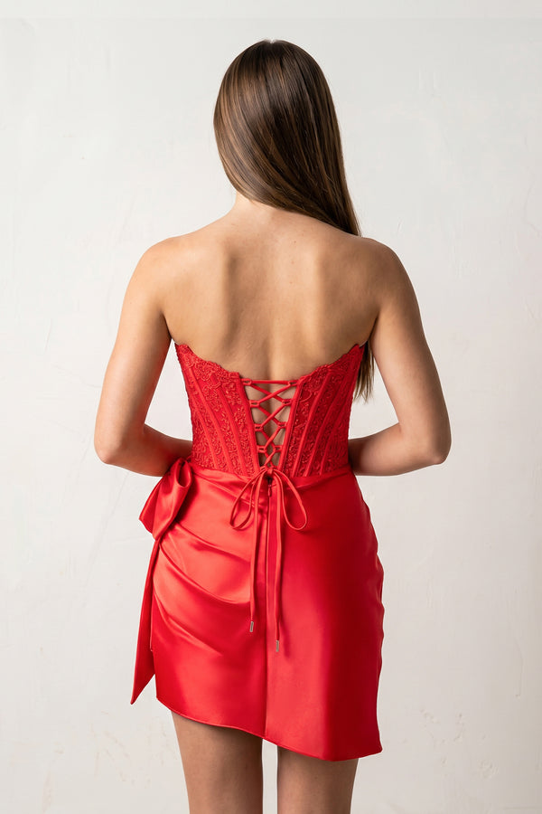 Red Strapless Appliques Ruched Homecoming Dress with Bow - KISSPROM