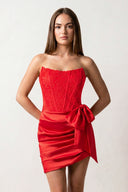 Red Strapless Appliques Ruched Homecoming Dress with Bow - KISSPROM
