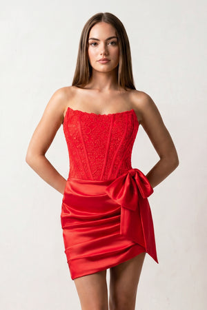 Red Strapless Appliques Ruched Homecoming Dress with Bow - KISSPROM