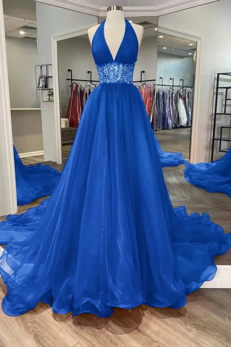 Red Beaded Halter Backless A-Line Long Prom Gown Royal Blue / 10 Red Beaded Halter Backless A-Line Long Prom Gown Royal Blue / 10