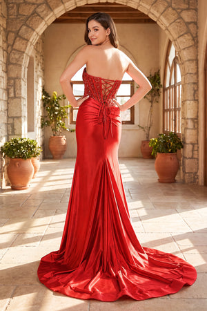 Red Beaded Strapless Applique Formal Dress with Slit (2) | KISSPROM