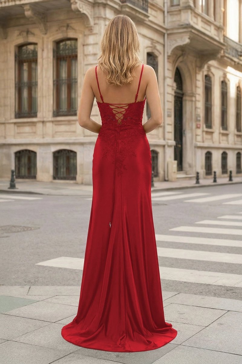 KissProm Sheath Spaghetti Straps Black Satin Long Prom Dresses with Lace Appliques, Black / 18