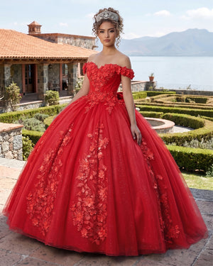 Big Bow Floral Flower Lace Applique Off Shoulder Ball Gown Quinceanera Dresses - KissProm