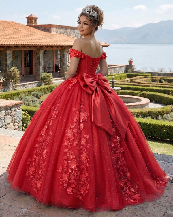 Big Bow Floral Flower Lace Applique Off Shoulder Ball Gown Quinceanera Dresses - KissProm