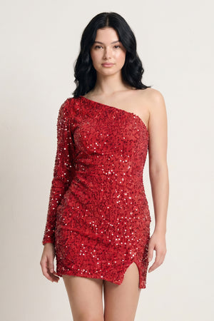 Red Black Bodycon One-Shoulder Sequins Mini Party Dresses | KISSPROM