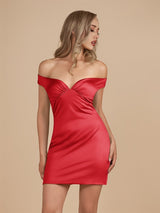 Red Bodycon Off the Shoulder Satin Mini Party Dress | KISSPROM