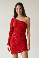 Red Bodycon One Shoulder Tassel Back Mini Party Dresses-KissProm