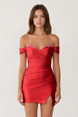 Red Bodycon Satin Off the Shoulder Homecoming Dresses with Beads - KISSPROM