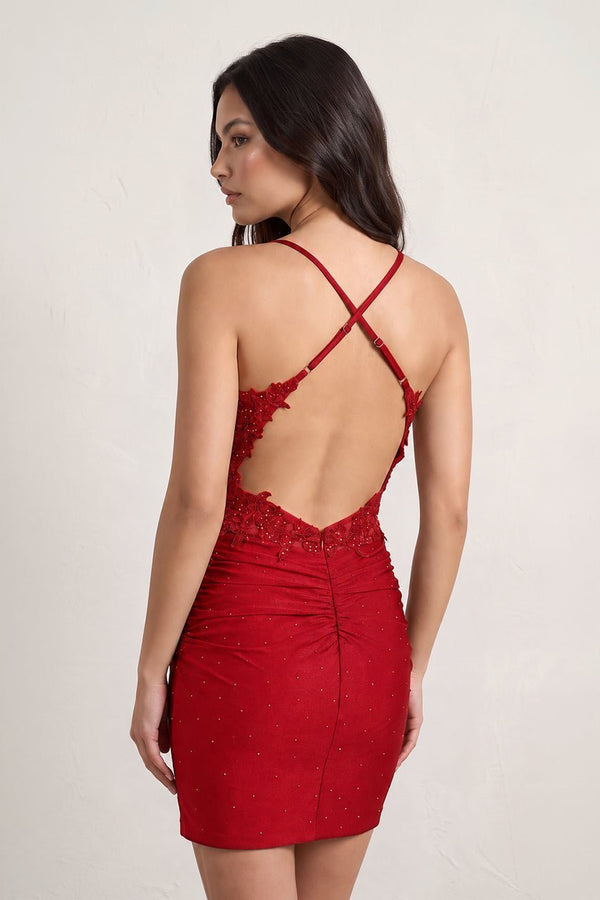 Red Bodycon Spaghetti Straps Appliqued Mini Party Dress (2) | KISSPROM