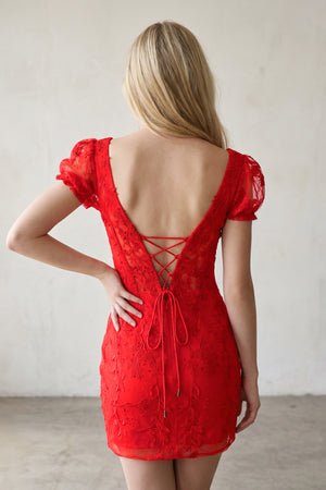 Red Short Bodycon Lace Homecoming Dress-KISSPROM